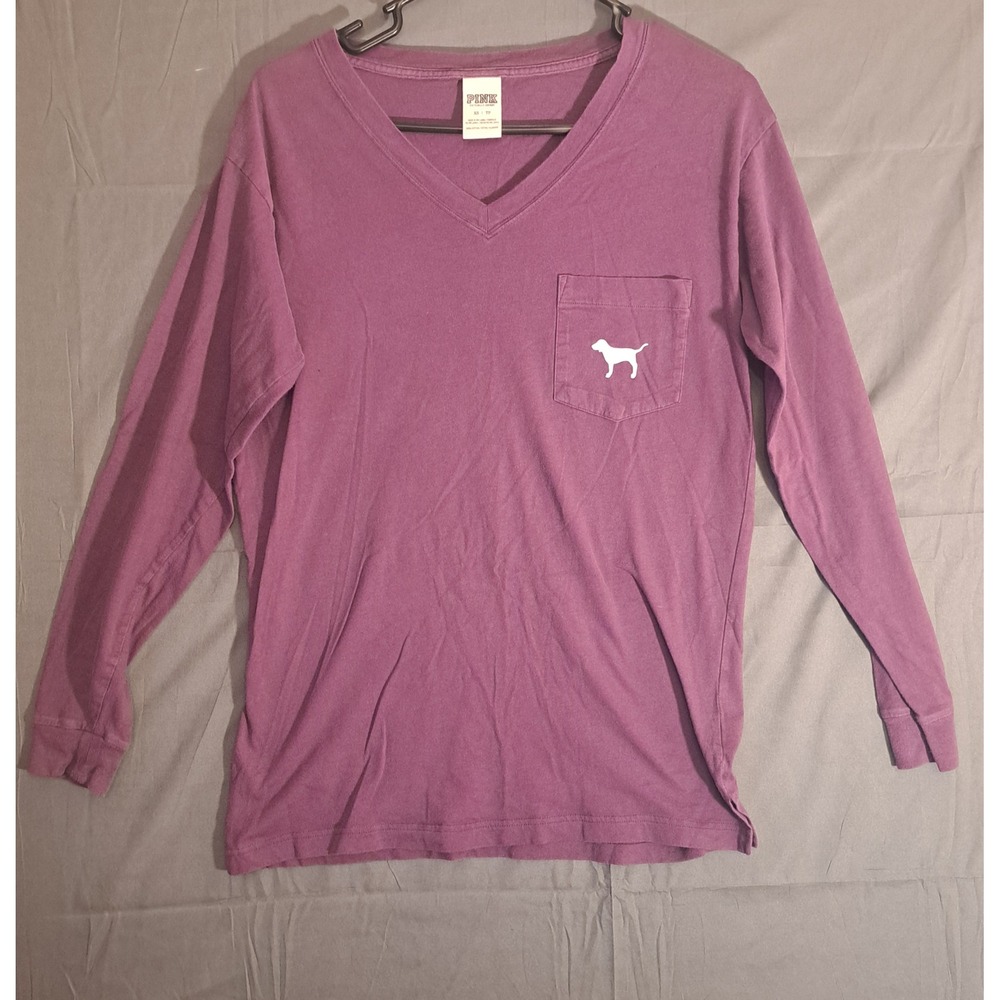 Pink Victorias Secret V-Neck Pocket T-Shirt Women's Size XS Purple Comfy Dog